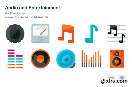 Audio and Entertainment Flat Round Icons