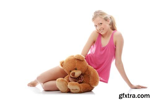 Teen Girl With Teddy Bear Isolated - 9xJPGs