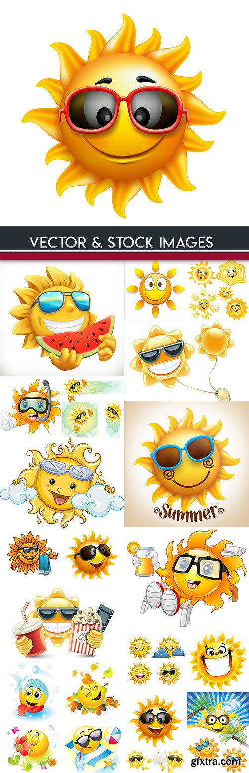 Summer sun cartoon bright and cheerful collection illustrations