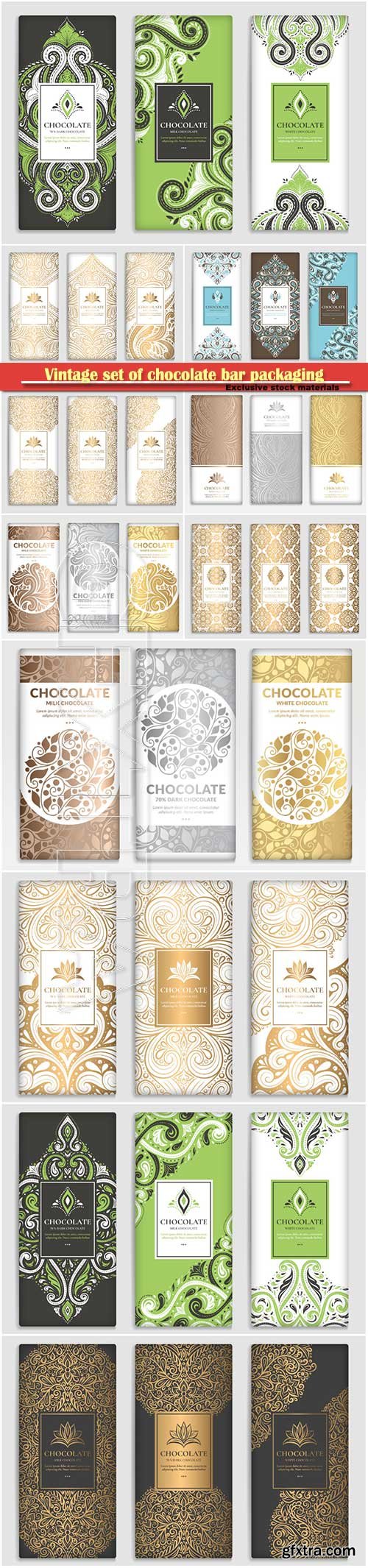 Vintage set of chocolate bar packaging design, vector luxury template with ornament elements