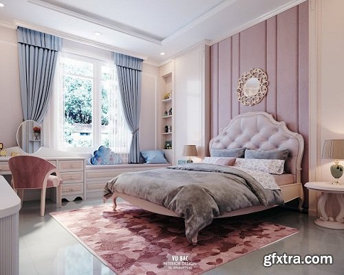 Modern Girly Bedroom Interior Scene