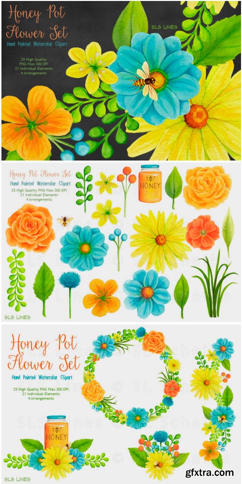 Honey Pot Flowers & Bees Watercolors 1467670