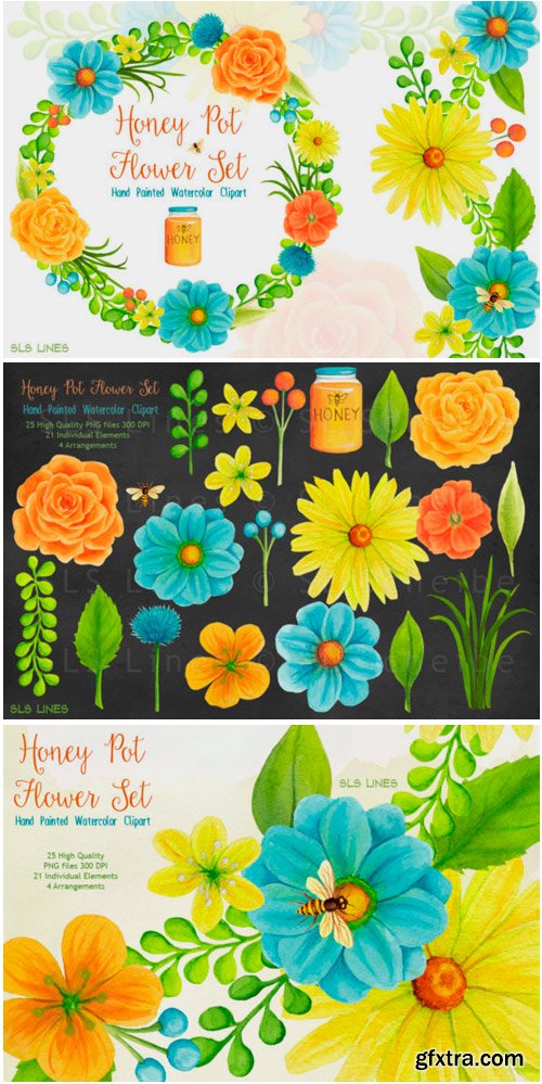 Honey Pot Flowers & Bees Watercolors 1467670