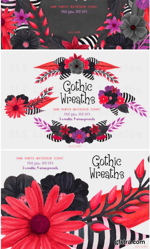 Gothic Floral Wreaths Watercolor Clipart 1467678