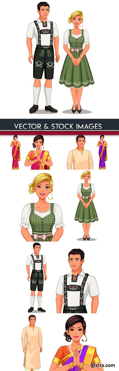 National couples in traditional suits set of illustrations