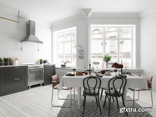 Scandinavian Kitchen & Diningroom Interior Scene