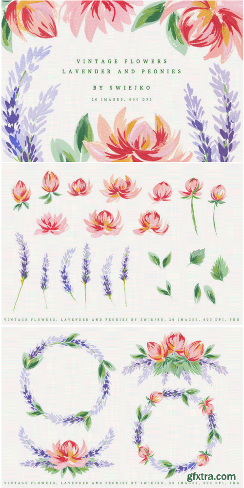 Lavender and Peonies Gouache Flowers 1495254