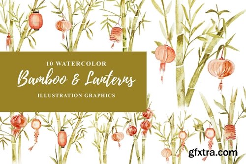 10 Watercolor Bamboo and Lanterns Illustration