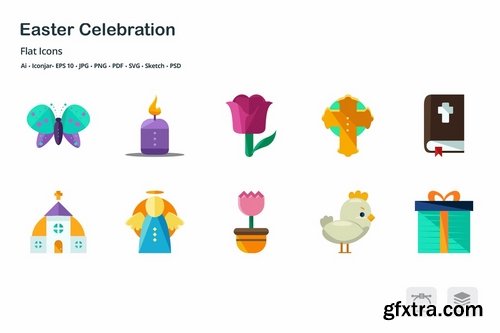 Easter Celebration Flat Colored Icons