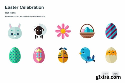 Easter Celebration Flat Colored Icons