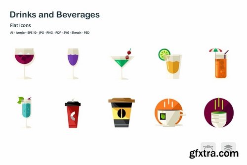 Drinks and Beverages Flat Colored Icons