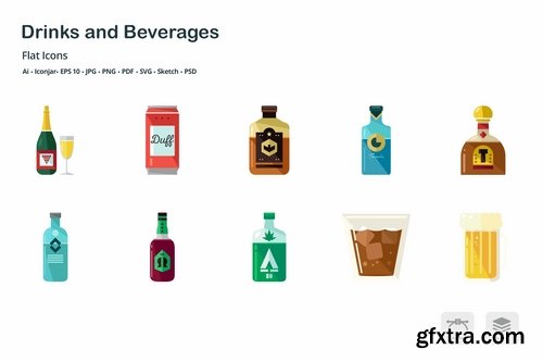 Drinks and Beverages Flat Colored Icons