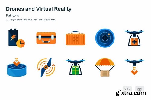 Drones and Virtual Reality Flat Colored Icons