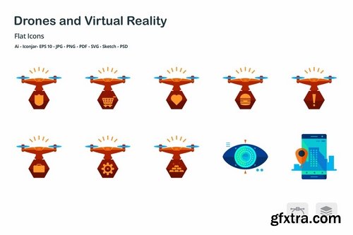 Drones and Virtual Reality Flat Colored Icons