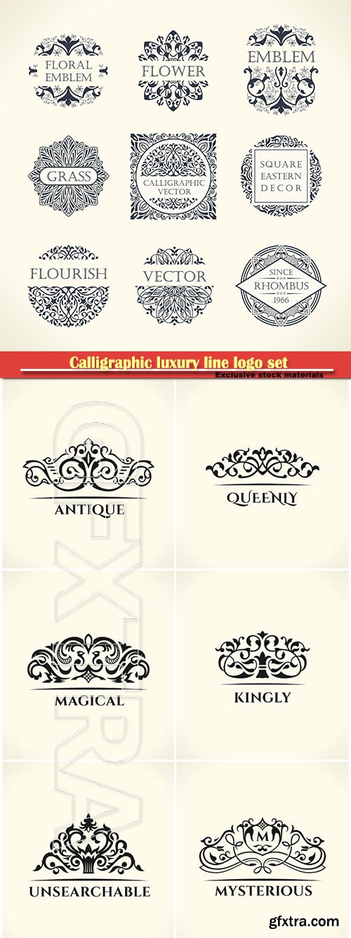 Calligraphic luxury line logo set, flourishes black frame, emblem monogram