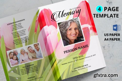 Designbundles - Pink tulip funeral program template 233873