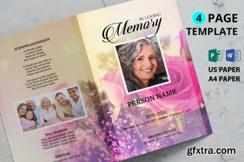 Pink flower funeral program template