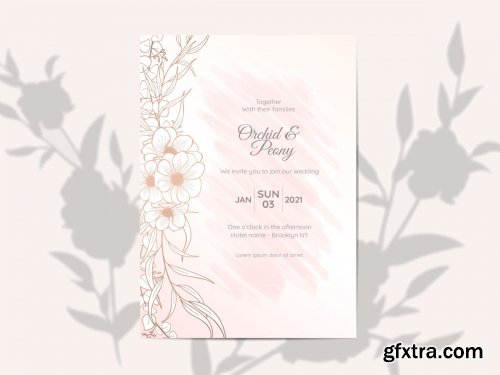 Wedding Invitation Set Elegant Outlined Floral Watercolor Background