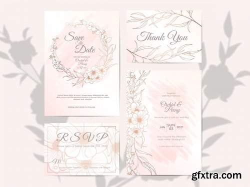 Wedding Invitation Set Elegant Outlined Floral Watercolor Background