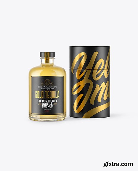 Golden Tequila Bottle w Paper Tube Mockup 45846