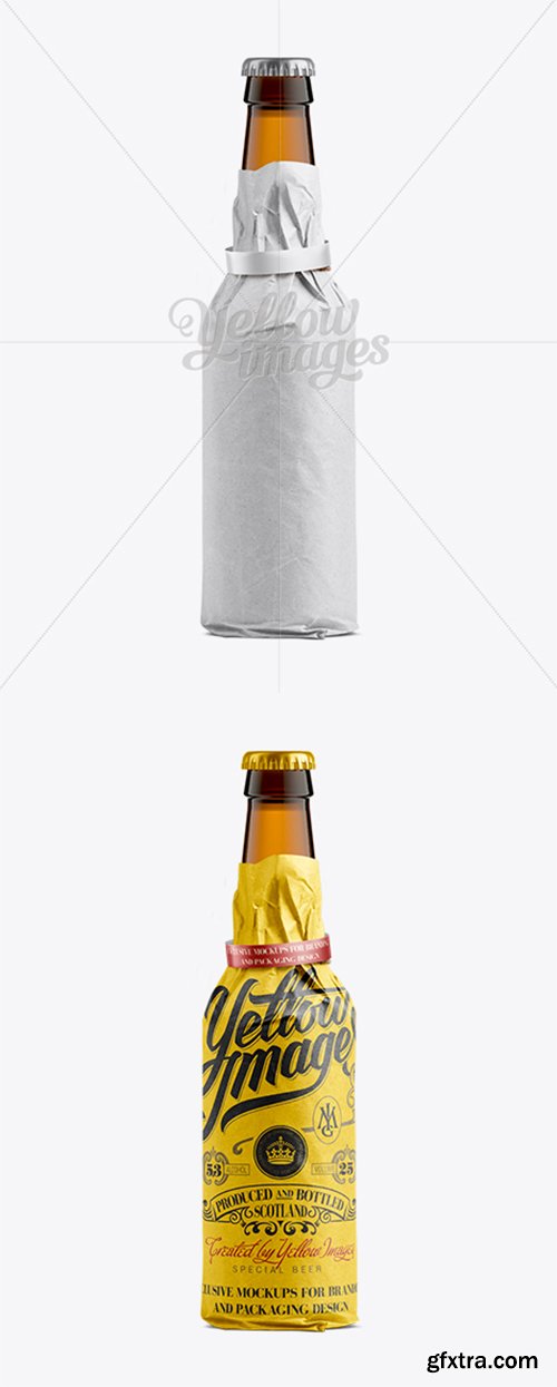 33cl Long Neck Beer Bottle Wrapped in White Paper with Ribbon Mockup 11239
