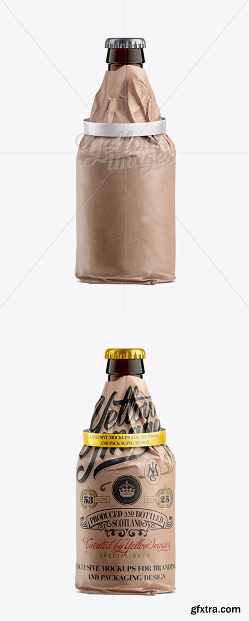 33cl Steinie Beer Bottle Wrapped in Kraft Paper with Ribbon Mockup 11236