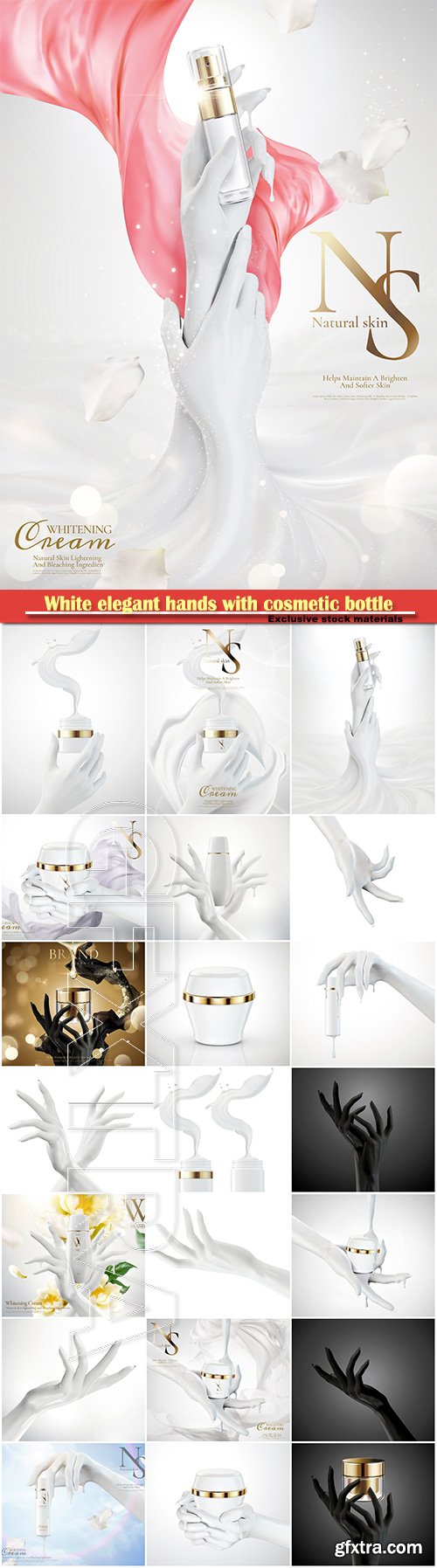 White elegant hands with cosmetic bottle in 3d illustration