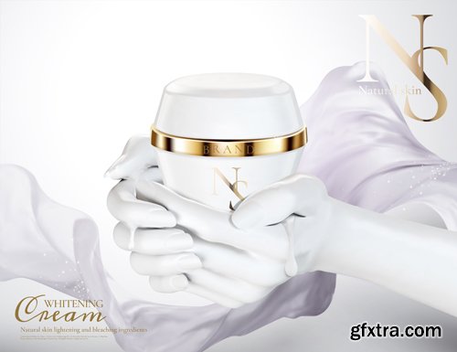 White elegant hands with cosmetic bottle in 3d illustration