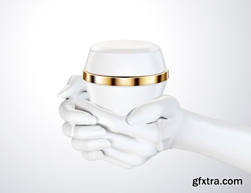 White elegant hands with cosmetic bottle in 3d illustration