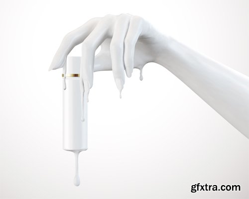 White elegant hands with cosmetic bottle in 3d illustration