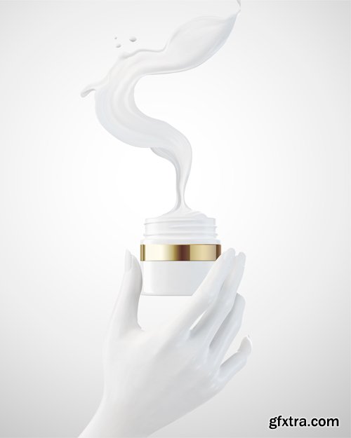 White elegant hands with cosmetic bottle in 3d illustration