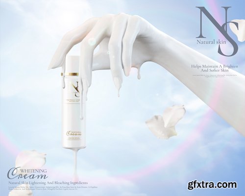 White elegant hands with cosmetic bottle in 3d illustration