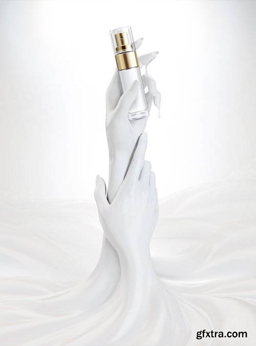 White elegant hands with cosmetic bottle in 3d illustration