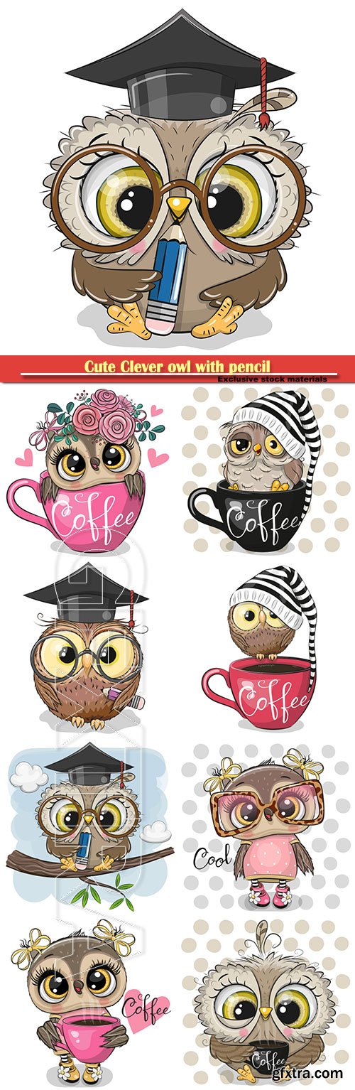 Cute Clever owl with pencil and in graduation cap