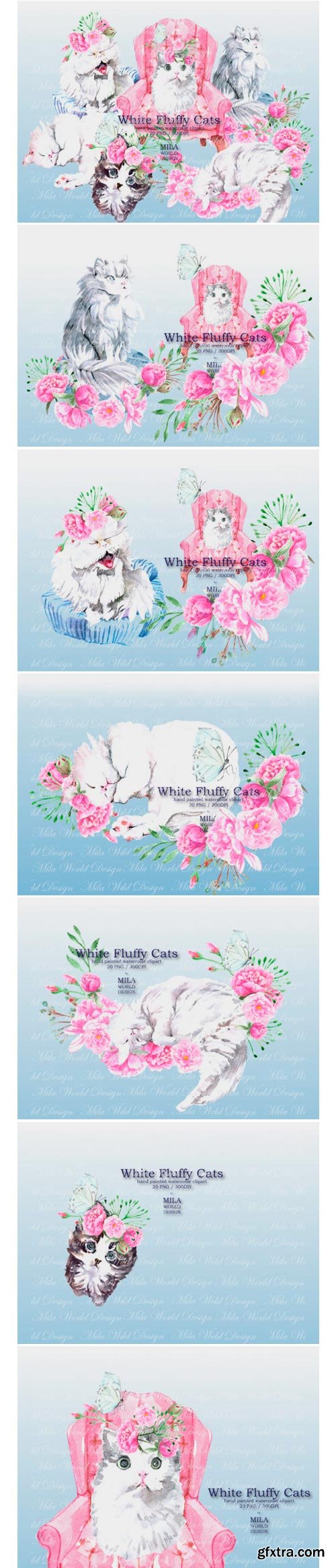 White Fluffy Cats Watercolor Clip Art 1575648