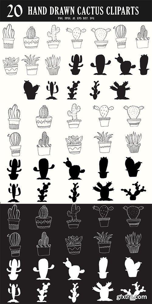 20 HandDrawn Cactus Cliparts