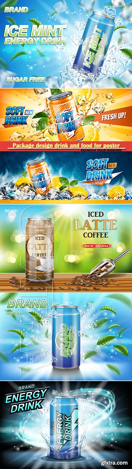 Package design drink and food for poster or banner, realistic mockup vector 3d illustration