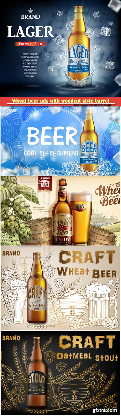 Wheat beer ads with woodcut style barrel and hops elements, 3d illustration glass bottle