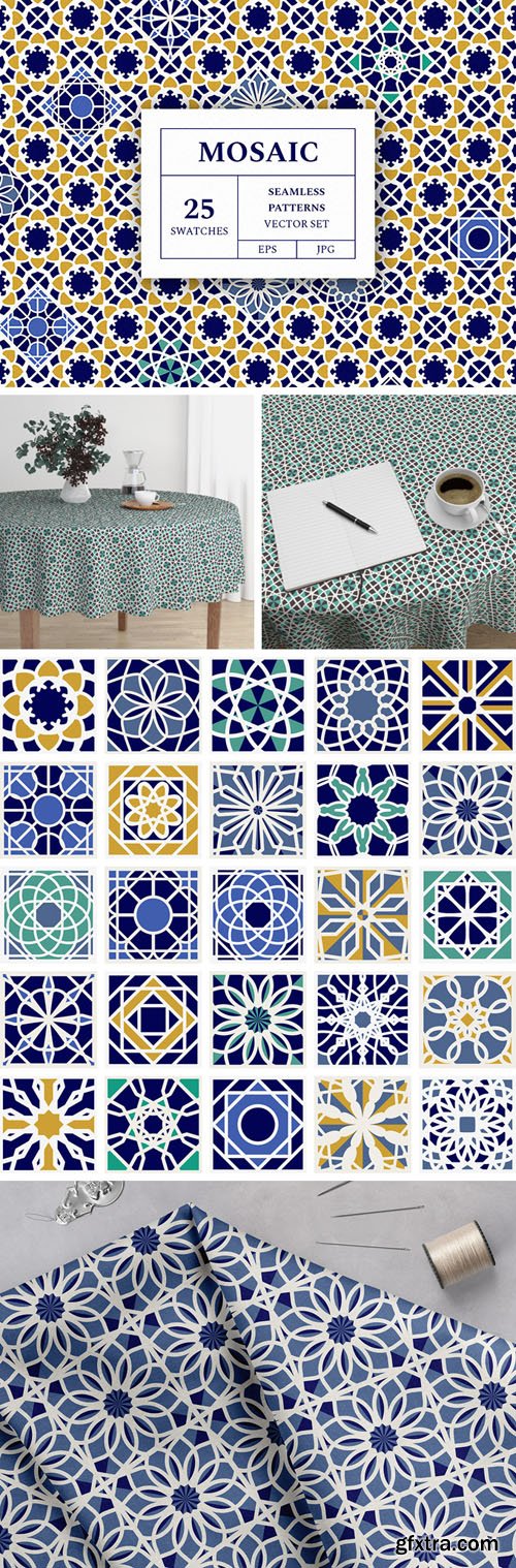 25 Mosaic Seamless Patterns Vector Set