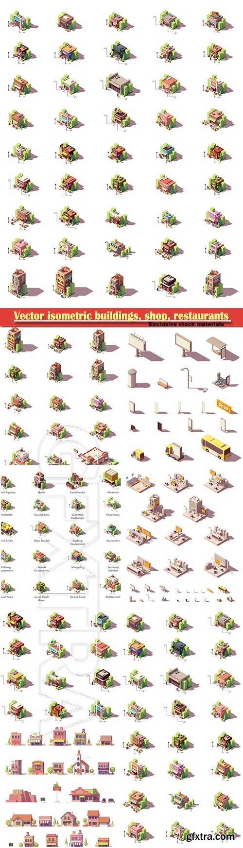 Vector isometric buildings, shop, restaurants, travel and tourism icons set