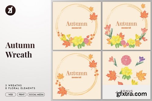 Autumn wreaths with text and floral elements