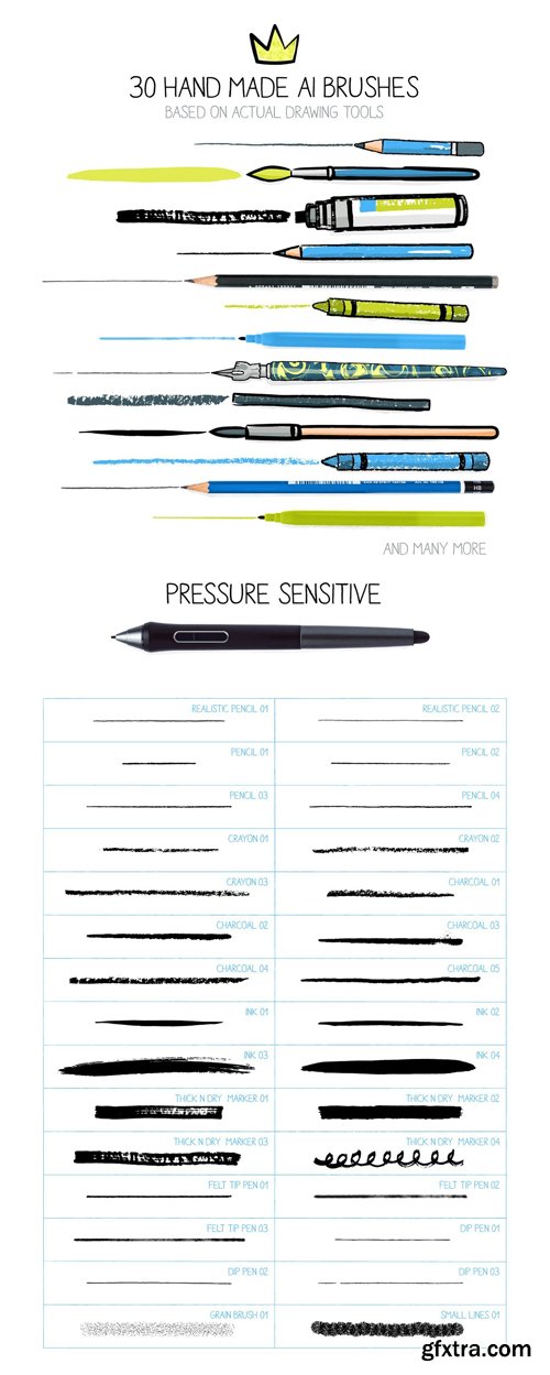 30 Hand Made & Pressure Sensitive Brushes For Illustrator