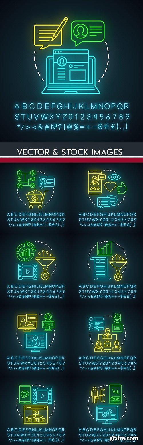 Neon light online content business icon illustration