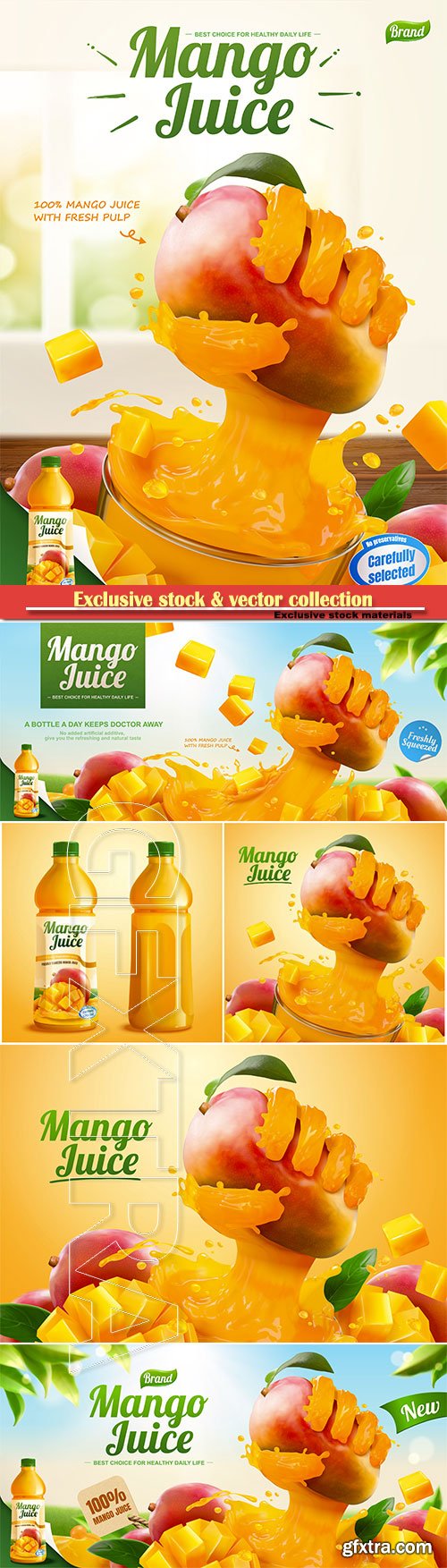 Mango juice banner ads with liquid hand grabbing fruit effect in 3d vector illustration