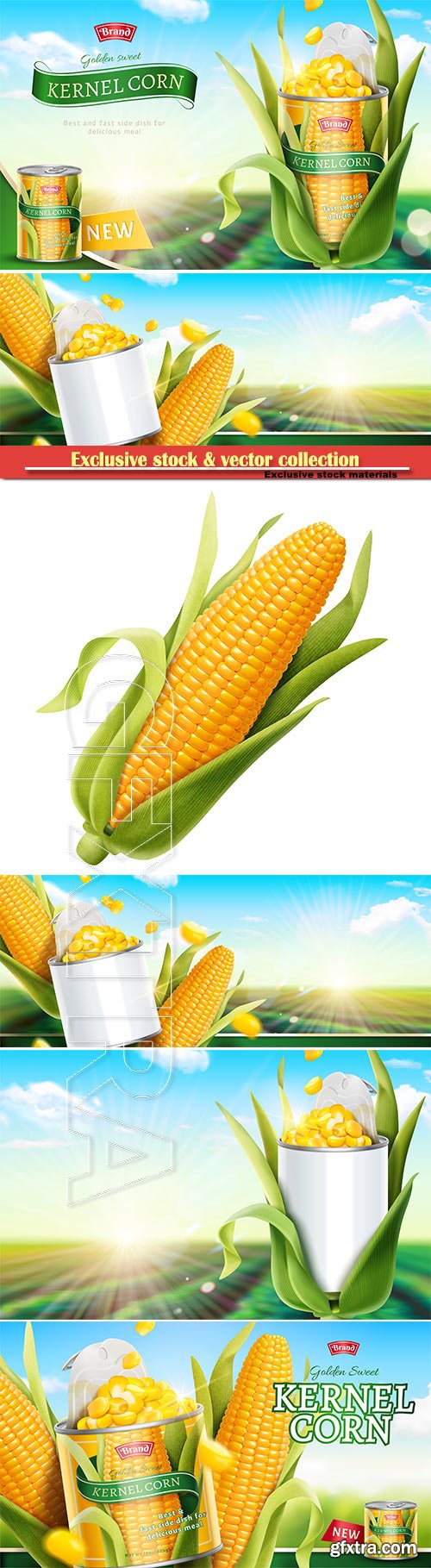 Premium kernel corn can ads in 3d vector illustration