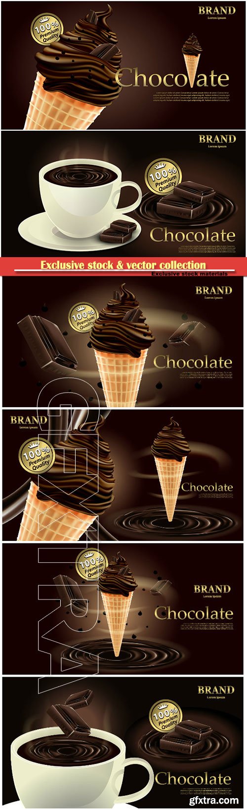 Delicious chocolate ice cream, chocolate drink with cup, milk vector illustration