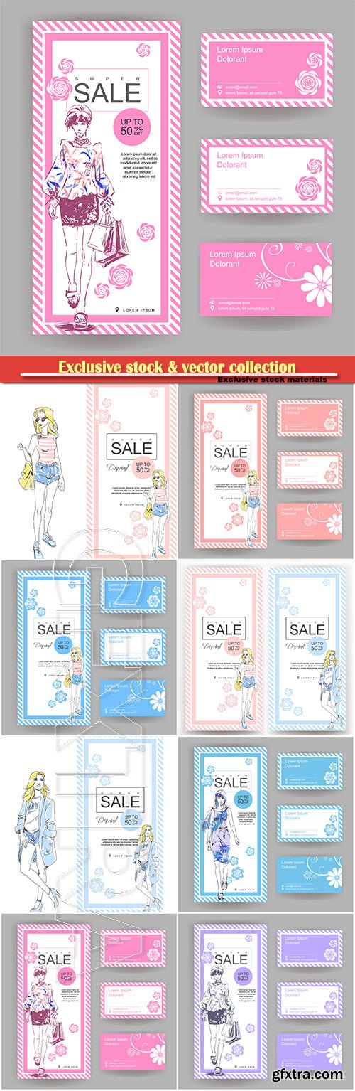 Layout for a big sale in fashion shop with business card, drawn fashion elegant girl in stylish clothes