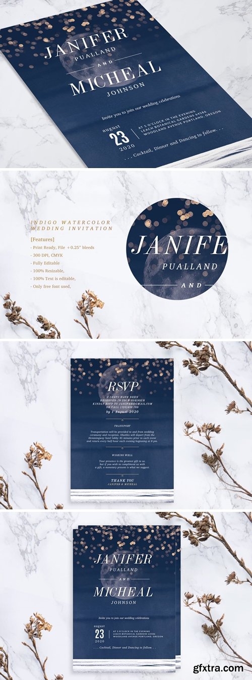 Indigo Watercolor Wedding Invitation