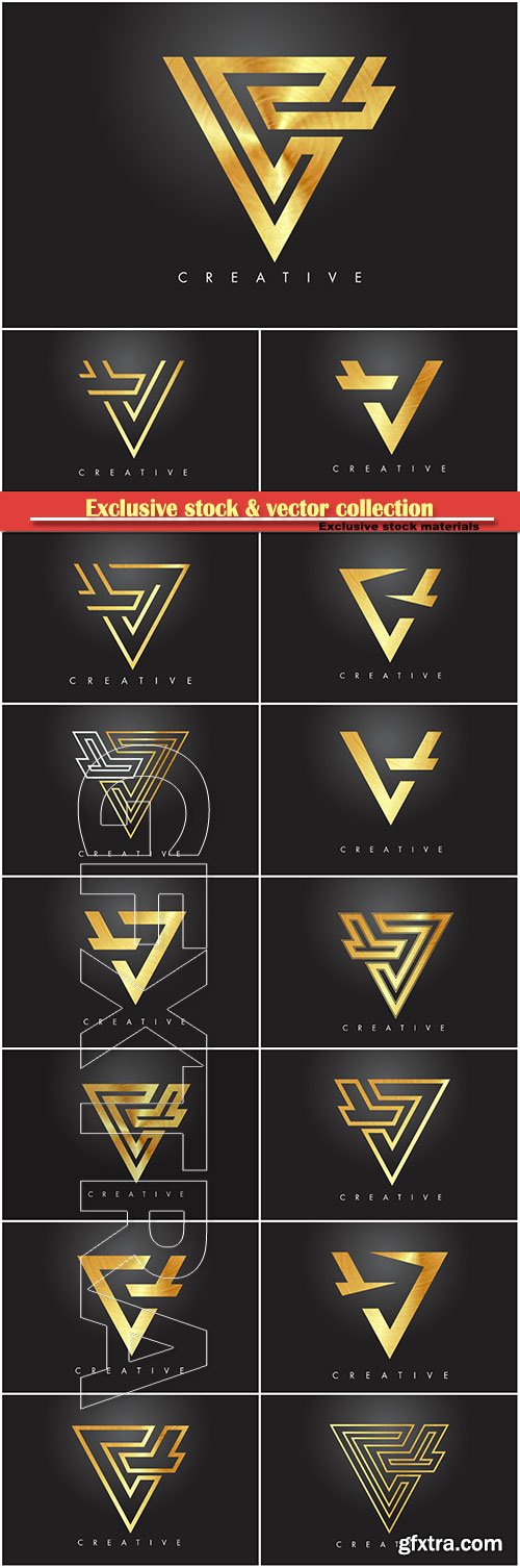 V golden letter monogram design logo