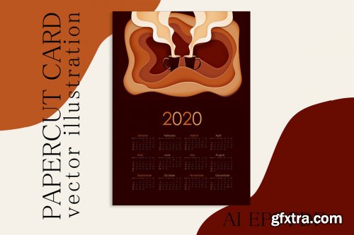 Paper cut calendar with coffee illustration for 2020 year. 2020 year,